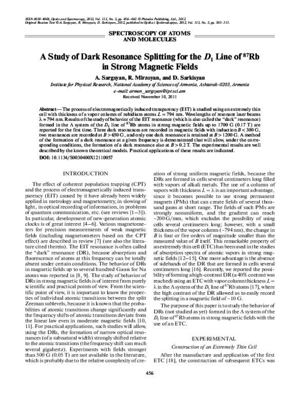 (PDF) A study of dark resonance splitting for the D 1 line of 87Rb in ...