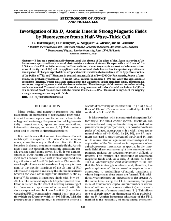(PDF) Investigation of Rb D 1 atomic lines in strong magnetic fields by ...