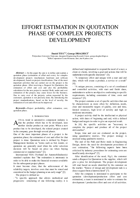 (PDF) Effort Estimation in Quotation Phase of Complex Projects Development