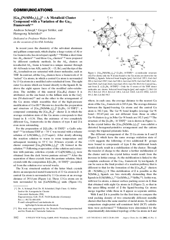 (PDF) [Ga22{N(SiMe3)2}10]2−: A Metalloid Cluster Compound with a ...
