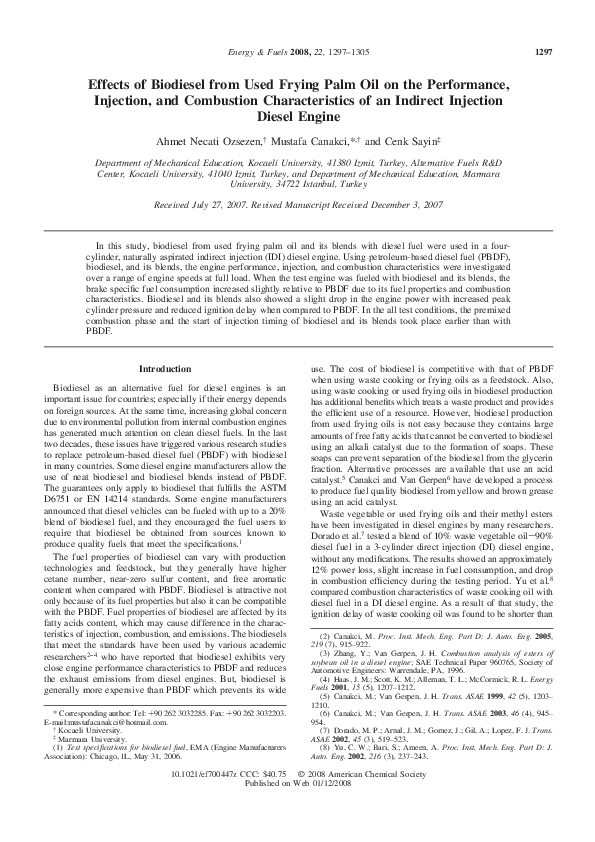 (PDF) Effects of Biodiesel from Used Frying Palm Oil on the Performance ...