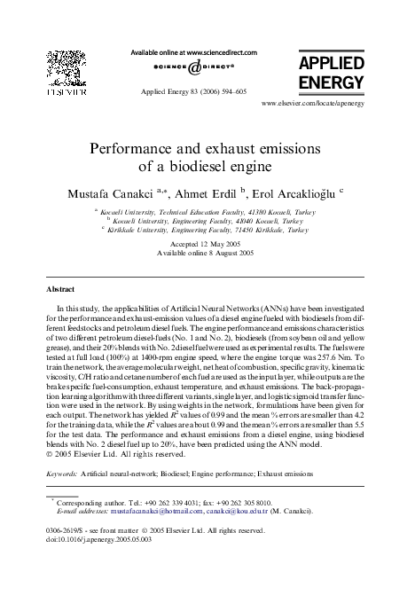 (PDF) Performance and exhaust emissions of a biodiesel engine