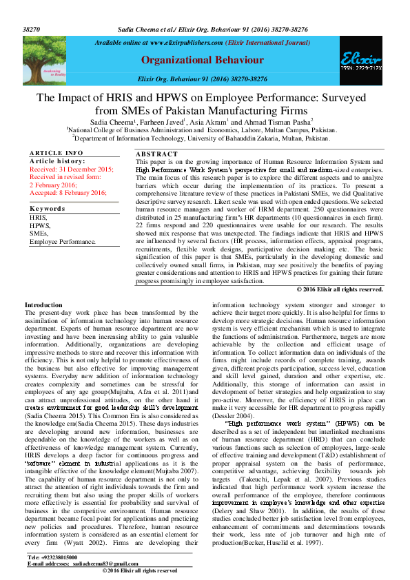 (PDF) The Impact of HRIS and HPWS on Employee Performance: Surveyed ...