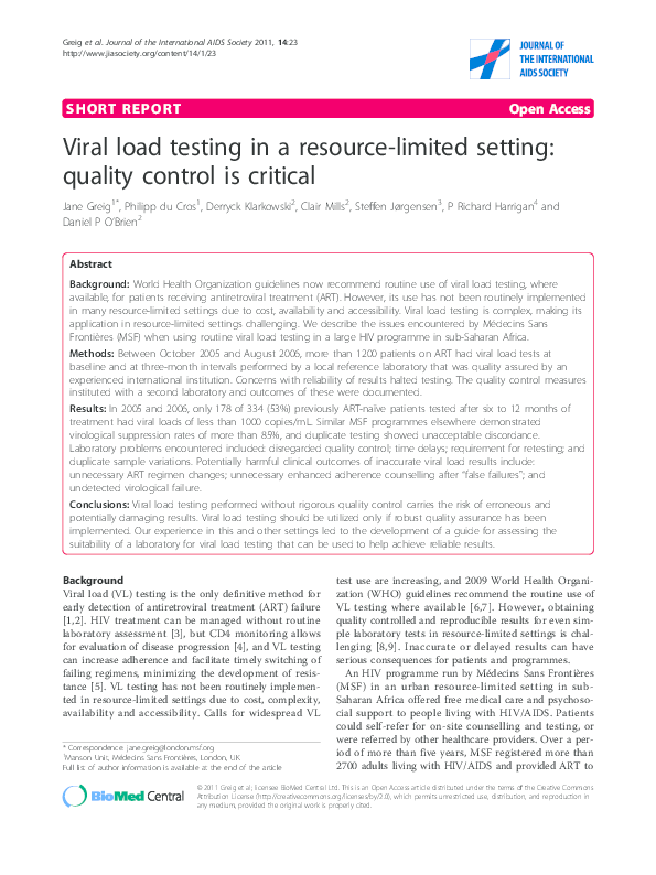 (PDF) Viral load testing in a resource-limited setting: quality control ...