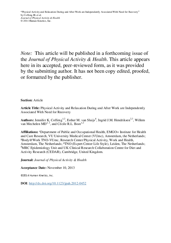 (PDF) Physical Activity and Relaxation During and After Work are ...