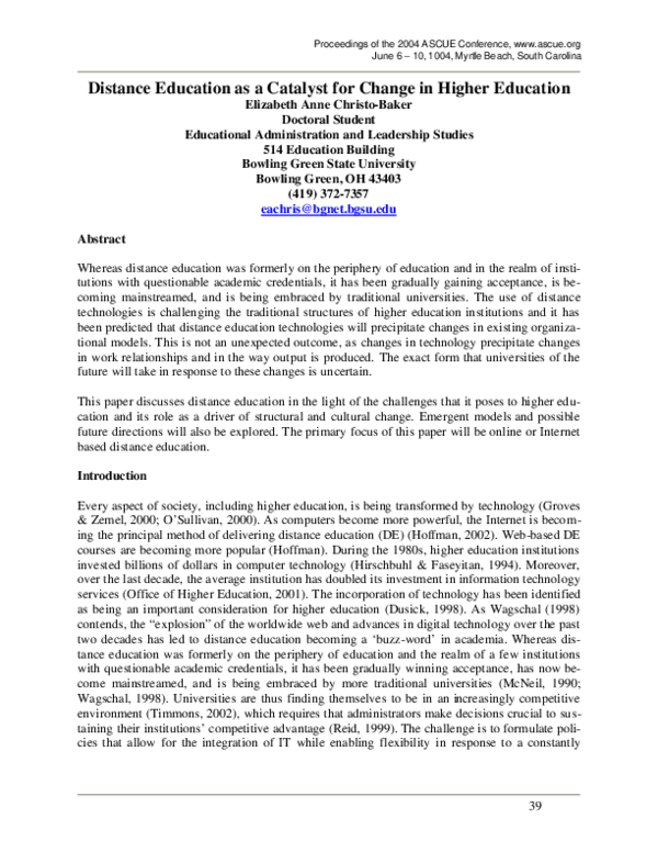 (PDF) Distance Education as a Catalyst for Change in Higher Education