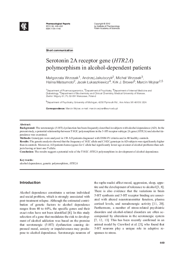 (PDF) Serotonin 2A receptor gene (HTR2A) polymorphism in alcohol ...