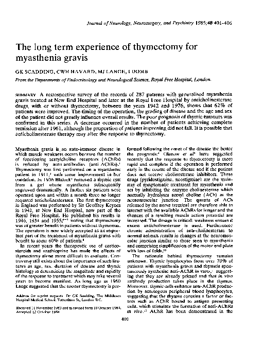 (PDF) The long term experience of thymectomy for myasthenia gravis
