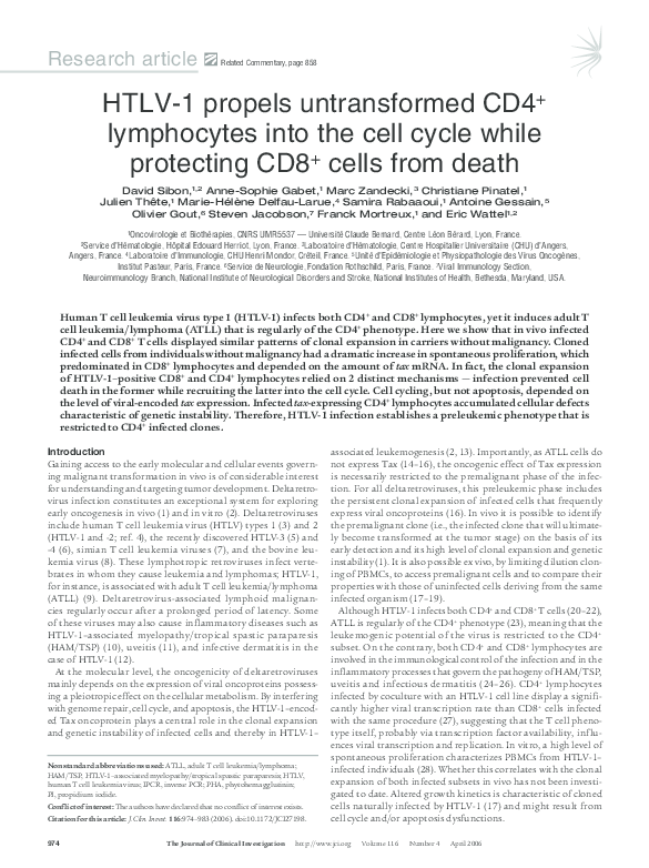 (PDF) HTLV-1 propels untransformed CD4+ lymphocytes into the cell cycle ...