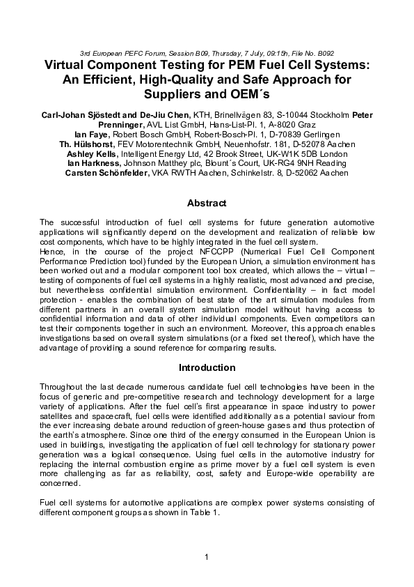 (PDF) Virtual Component Testing for PEM Fuel Cell Systems An Efficient