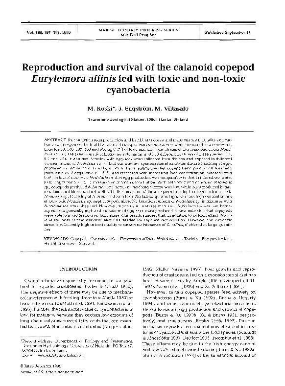 (PDF) Reproduction and survival of the calanoid copepod Eurytemora ...