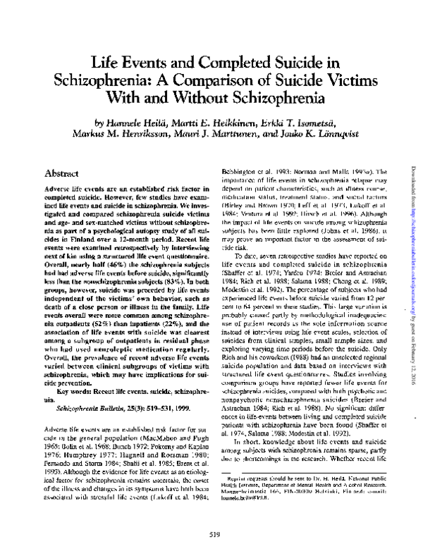 (PDF) Life Events and Completed Suicide in Schizophrenia: A Comparison ...