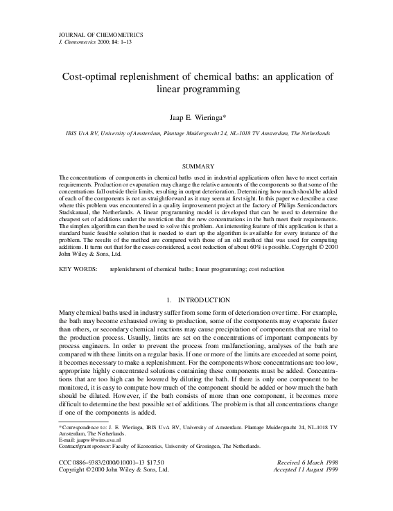 (PDF) Costoptimal replenishment of chemical baths an application of linear programming Jaap