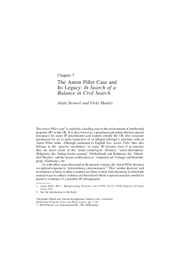 (PDF) avec V. Hanley, « The Anton Piller Case and Its Legacy In