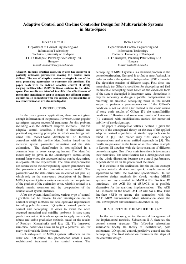 (PDF) Adaptive Control and On-line Controller Design for Multivariable ...