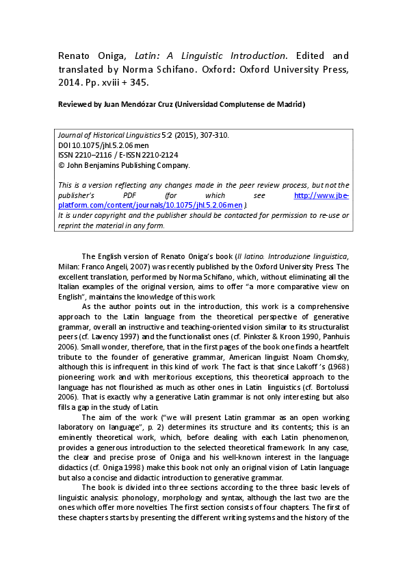 Latin: A Linguistic Introduction (Oxford Linguistics) Oniga， Renato; Schifano， Norma PDF) Renato Oniga, Latin: A Linguistic Introduction. Edited