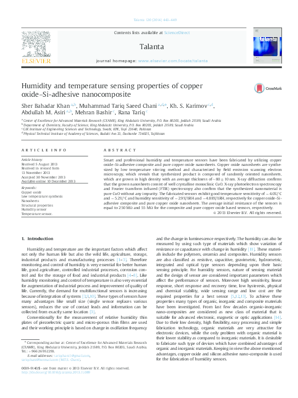 (PDF) Humidity and temperature sensing properties of copper oxideSi