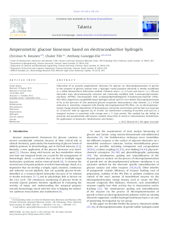 (PDF) Amperometric glucose biosensor based on electroconductive hydrogels