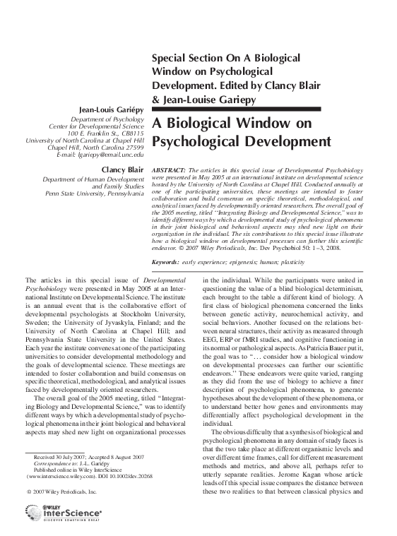 (PDF) A biological window on psychological development