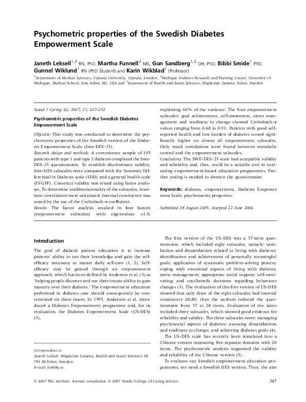 (PDF) Psychometric properties of the Swedish Diabetes Empowerment Scale