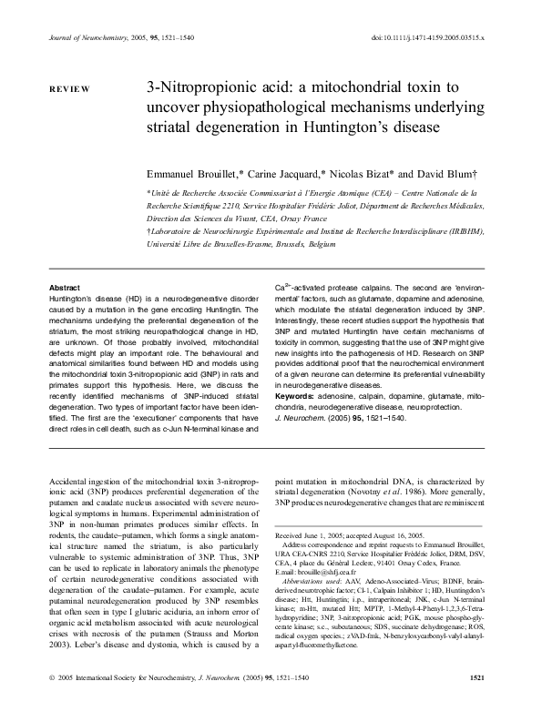 (PDF) 3-Nitropropionic acid: a mitochondrial toxin to uncover ...