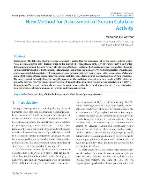 (PDF) New Method for Assessment of Serum Catalase Activity