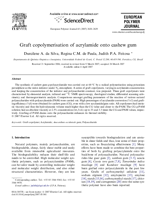 (PDF) Graft copolymerisation of acrylamide onto cashew gum