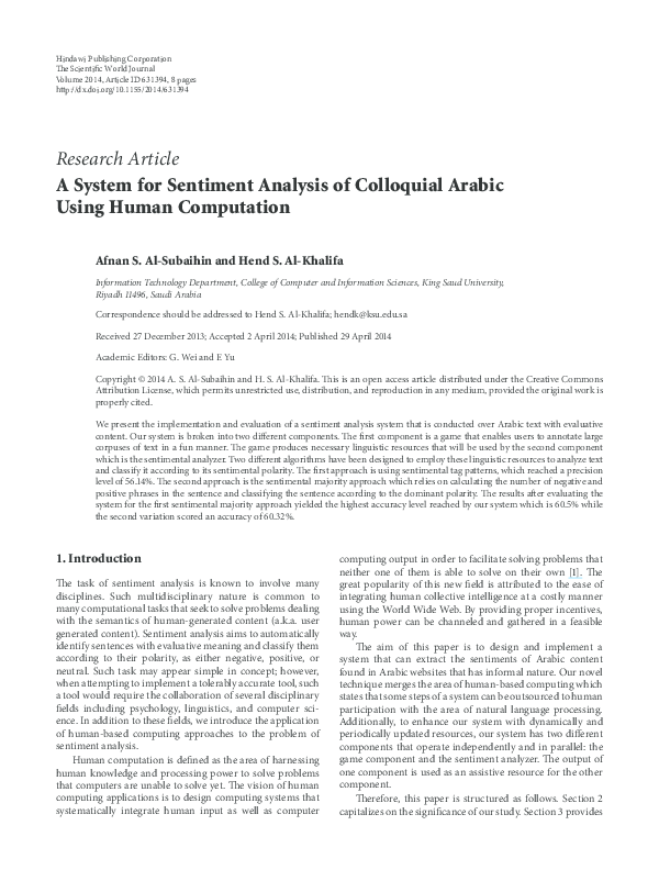 (PDF) A System for Sentiment Analysis of Colloquial Arabic Using Human ...