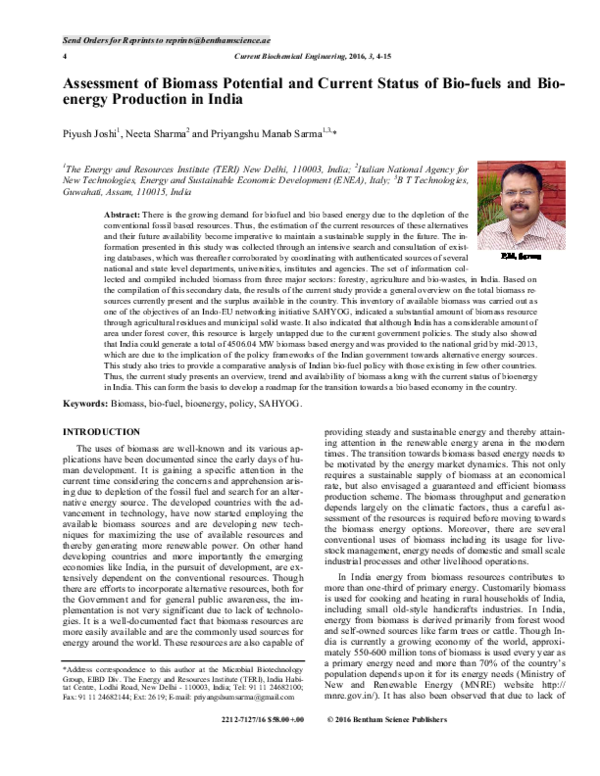 (PDF) Assessment of Biomass Potential and Current Status of Bio-fuels ...