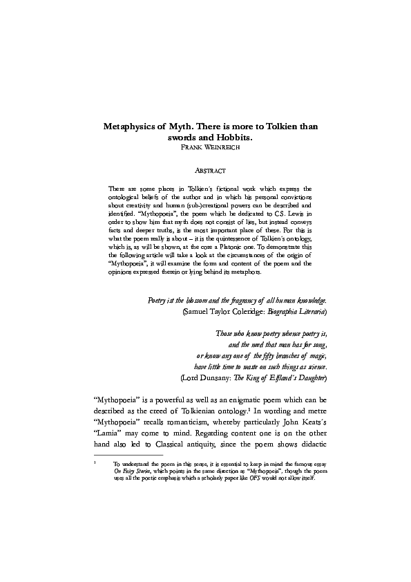 (PDF) Metaphysics of Myth. The Platonic Ontology of 'Mythopoeia'