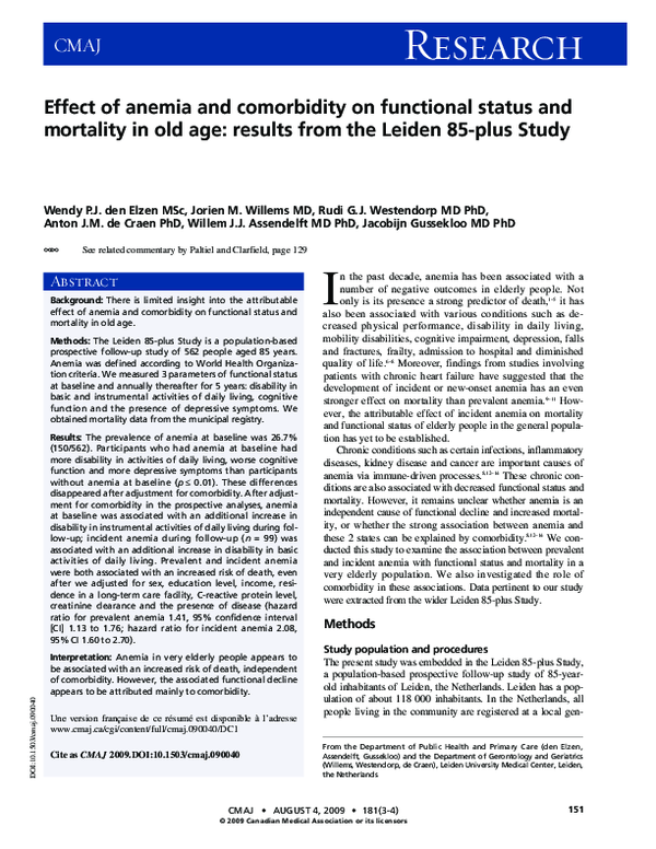 (PDF) Effect of anemia and comorbidity on functional status and ...
