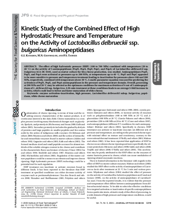 (PDF) Kinetic Study of the Combined Effect of High Hydrostatic Pressure ...