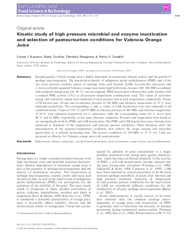 (PDF) Kinetic study of high pressure microbial and enzyme inactivation ...