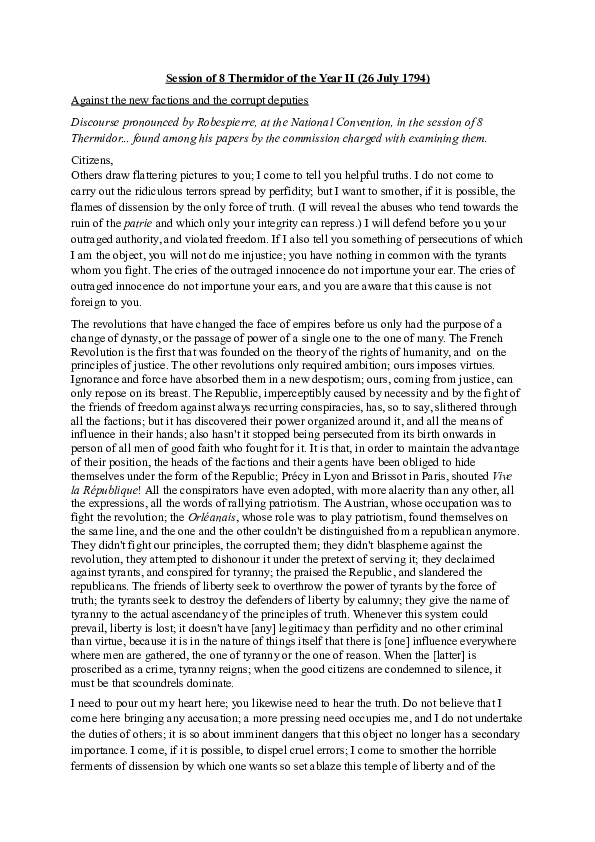 (DOC) Robespierre's speech of 8 Thermidor, Year II. Florian Kappelsberger Academia.edu