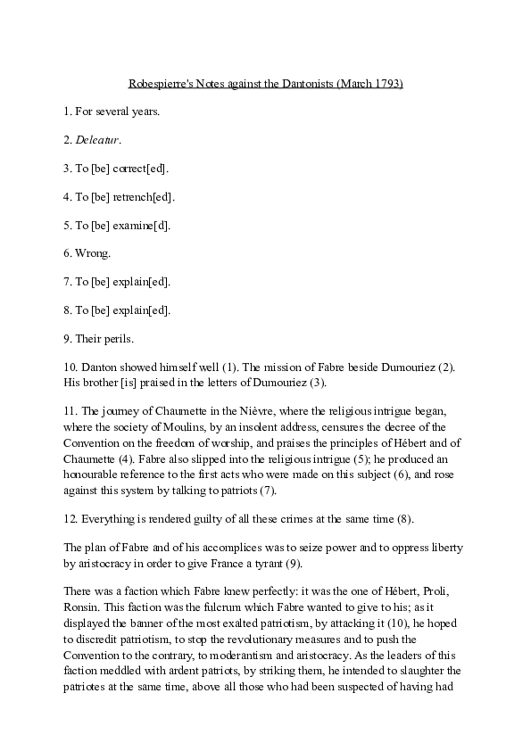 (DOC) Albert Mathiez "Robespierre's Notes against the Dantonists