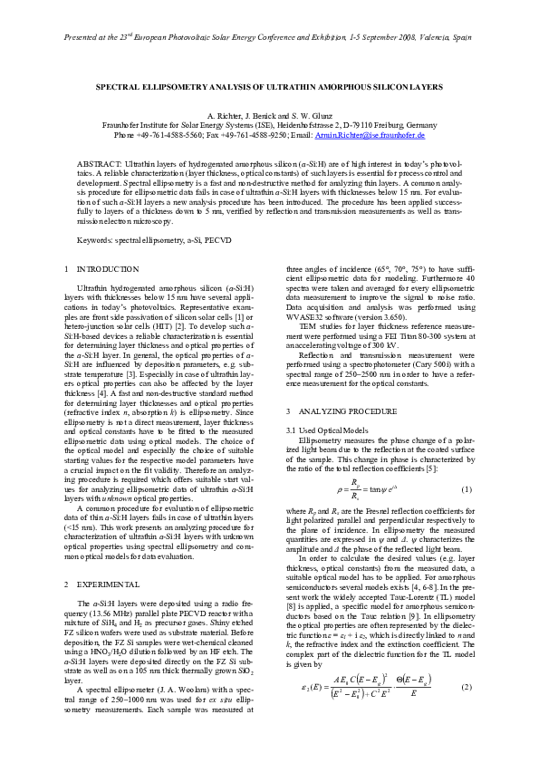 (PDF) Spectral ellipsometry analysis of ultrathin amorphous silicon layers