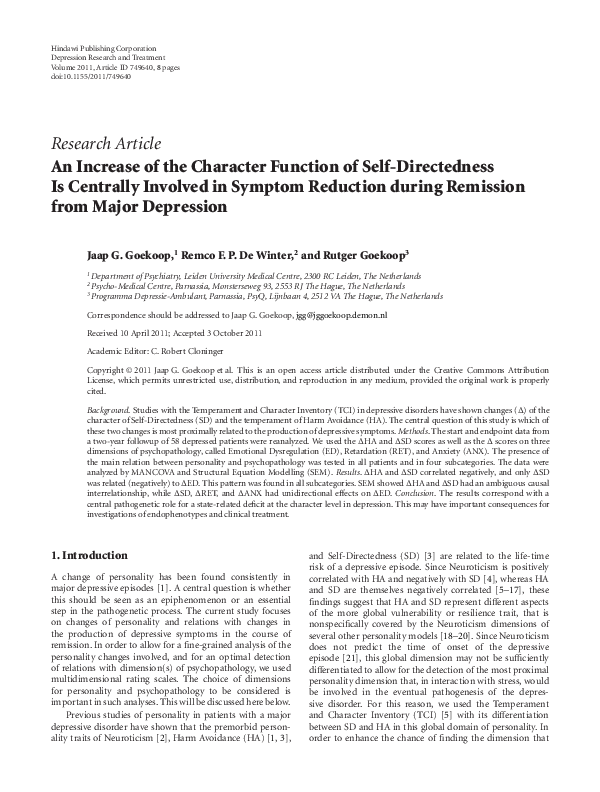 (PDF) An Increase of the Character Function of Self-Directedness Is ...
