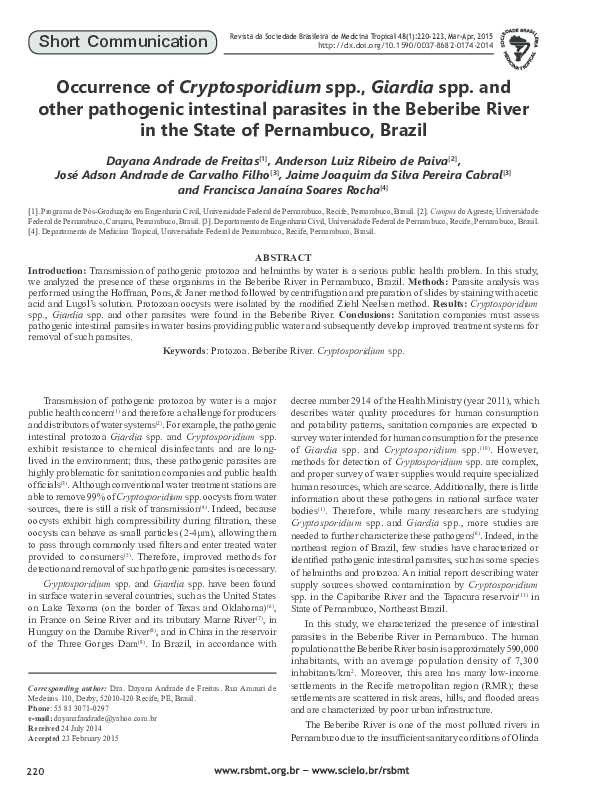 (PDF) Occurrence of Cryptosporidium spp., Giardia spp. and other ...