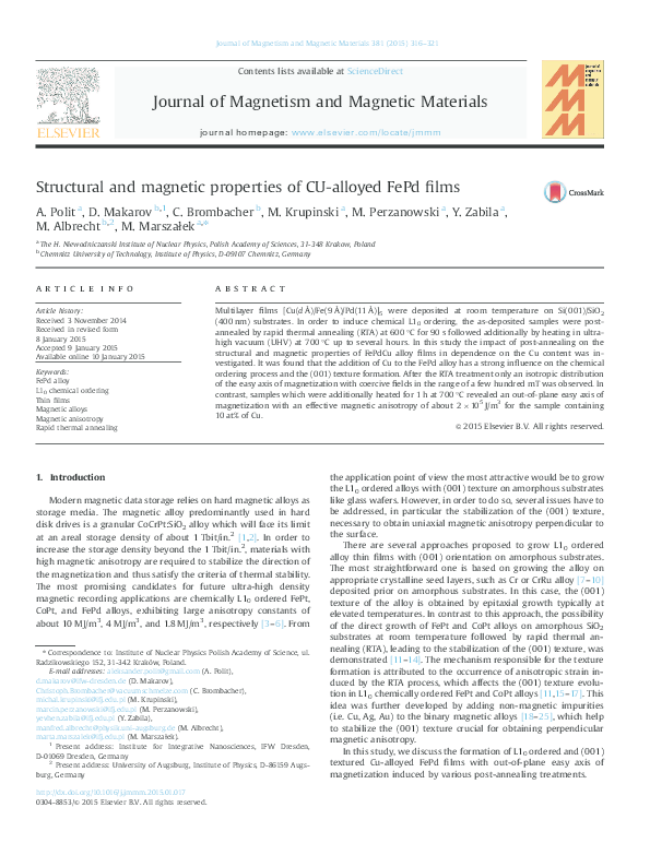 (PDF) Structural and magnetic properties of Cu-alloyed FePd films