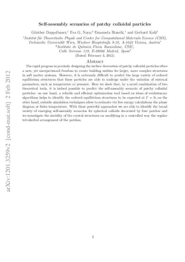 (PDF) Self-assembly scenarios of patchy colloidal particles in two ...