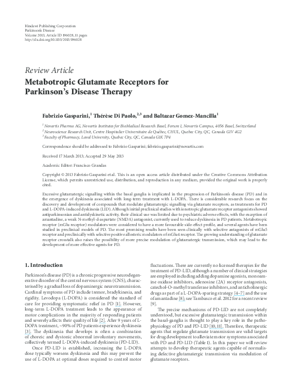 (PDF) Metabotropic Glutamate Receptors for Parkinson's Disease Therapy