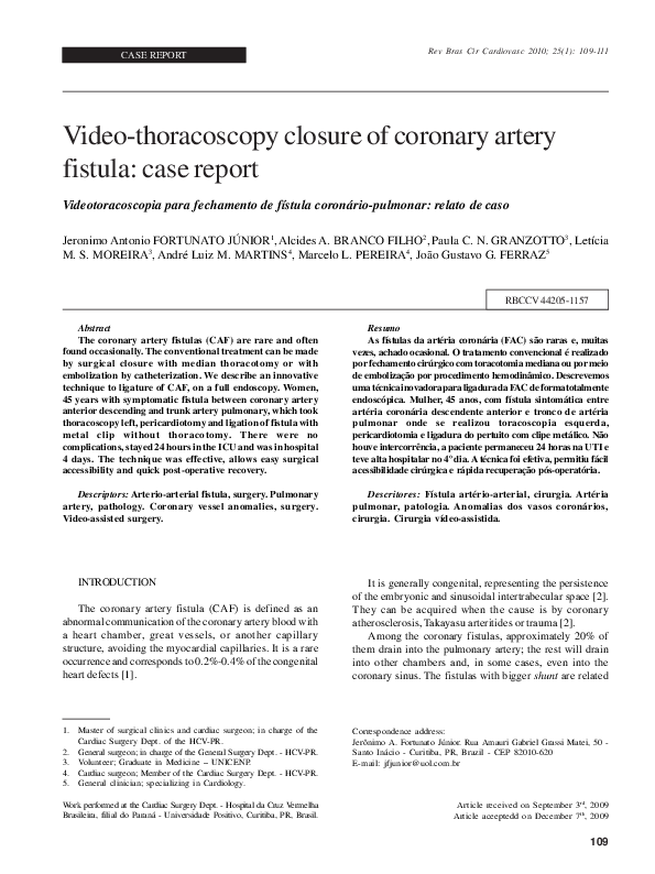 Pdf Video Thoracoscopy Closure Of Coronary Artery Fistula Case Report Alcides Branco Academia Edu