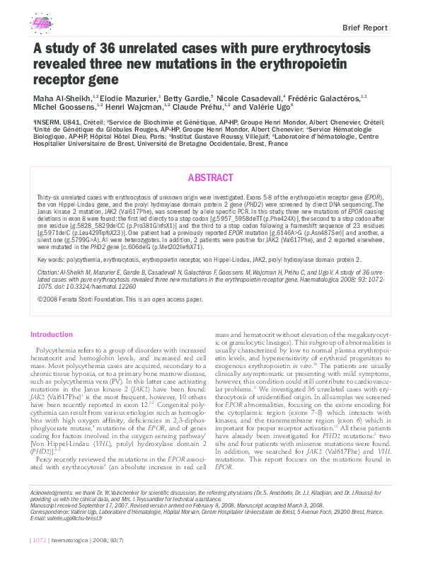 (PDF) A study of 36 unrelated cases with pure erythrocytosis revealed ...