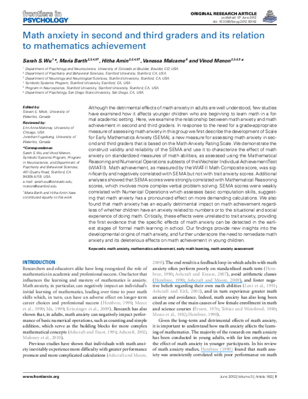 (PDF) Math Anxiety in Second and Third Graders and Its Relation to ...