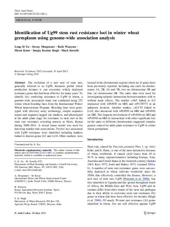 (PDF) Identification of Ug99 stem rust resistance loci in winter wheat ...