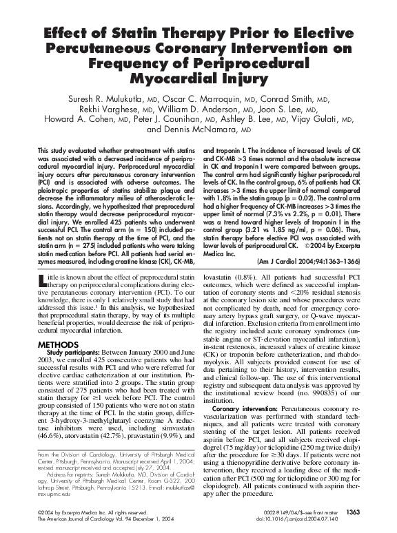 (PDF) Effect of statin therapy prior to elective percutaneous coronary ...