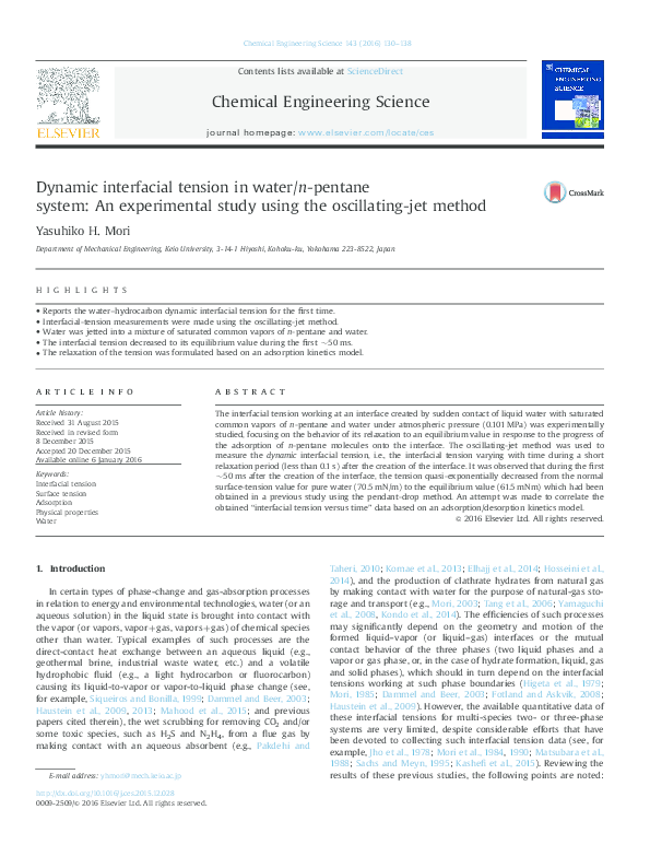 (PDF) Dynamic interfacial tension in water/npentane system An experimental study using the