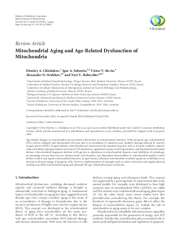 (PDF) Mitochondrial Aging and Age-Related Dysfunction of Mitochondria