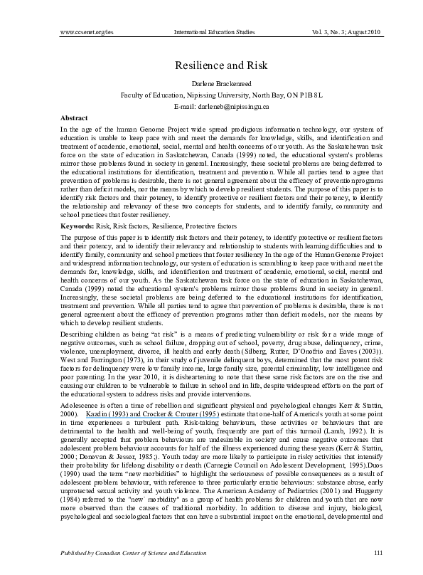 Pdf Resilience And Risk