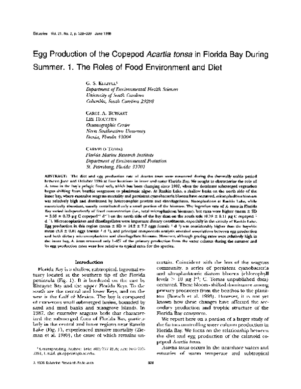 (PDF) Egg Production of the Copepod Acartia tonsa in Florida Bay during ...